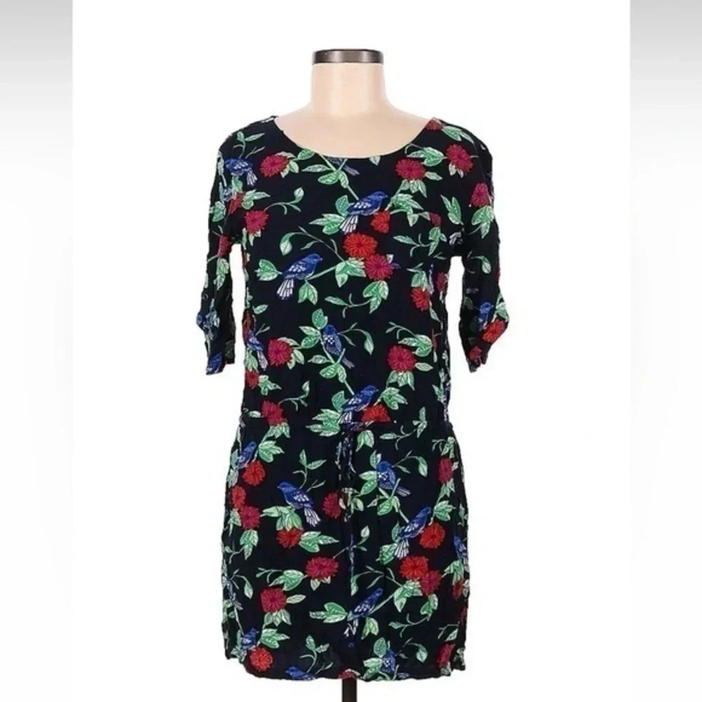 Banana Republic Hawaiian Blue Bird Floral Shift Dress 3/4 Sleeves Size M Medium